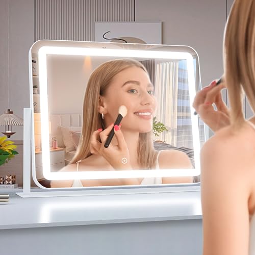 Vanity Mirror with Lights, Large Makeup Mirror, LED Lighted, 3 Color Modes, 360 Rotation, 22.2" x 16.3" White