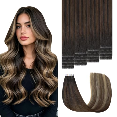 Invisible Tape in Hair Extensions - Real Human Hair, 16 Inch, Natural Black to Caramel Blonde, 3rd-Gen Sweetmet