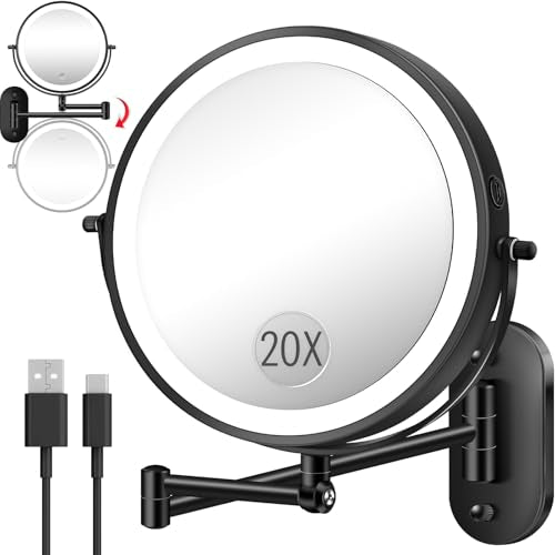 Vpu 9-Inch Wall Mounted Magnifying Makeup Mirror with Light, Adjustable Height, Black