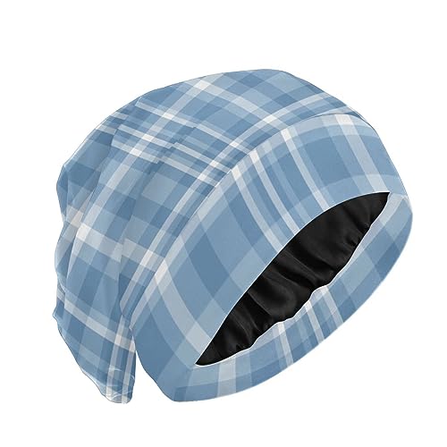 Satin Bonnet Wrap for Sleeping - Lined Sleep Cap for Curly Hair Women & Men - Blue Plaid