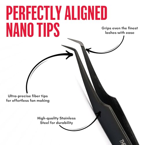 45 Degree Volume Fiber Tip Lash Tweezer ? The Ultimate Grab, Professional Eyelash Extension Tweezers, Precision Fan Making, Plain Grip (Black)