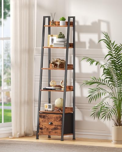 Rustic Brown 6-Tier Ladder Shelf with Fabric Drawer - Tall Storage Organizer