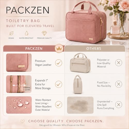 PACKZEN Large Travel Toiletry Bag for Women, Waterproof Vegan Leather, TSA Clear Pouch & Organizer