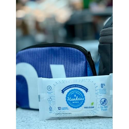 Handzies Natural Soap and Water Cleansing Towelettes- Free&Clear- 12ct Travel Pack- Bundle of 6 (72 total towelettes)
