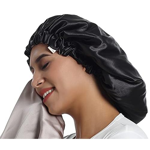 100% Mulberry Silk Lined Bonnet Adjustable Satin Sleep Cap 19 Momme Silk Bonnet for Women Curly,Long Hair Care
