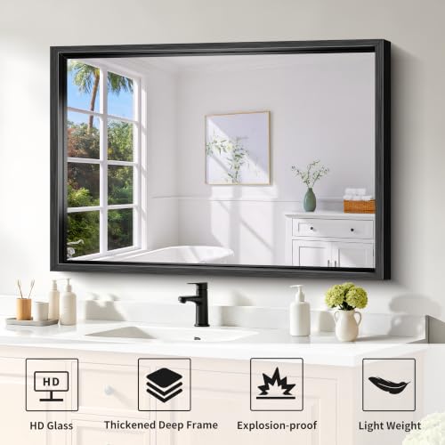 Bathroom Mirror, 42 x 30 Inch Brushed Black Rectangle 0.6" Thickened