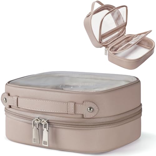 Clear Cosmetic Bag Double Layer 4 Compartments Travel Toiletry Bag Clear Makeup Bag Case with Zipper Transparent Travel Bag for Toiletries, Gift for Women Girls (Taupe, Small)
