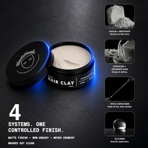 BlackMask Hair Clay for Men - 3.52 oz Matte Finish Strong Hold Styling Paste (Pack of 2)