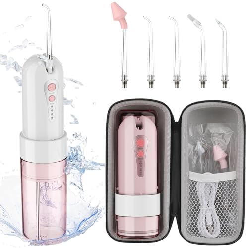 Portable Water Flosser with Travel Case - Rechargeable IPX7 Waterproof Oral Irrigator Pink - 5 Jet Tips & 4 Modes