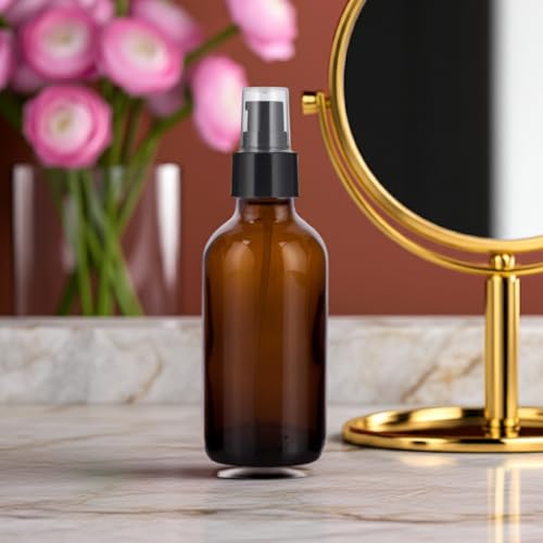 JUVITUS 4 oz Amber Glass Boston Round Bottle with Black Treatment Pump (6 pack) + Funnel