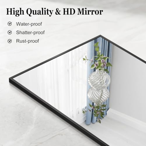 Black Bathroom Mirror 30x36 Inch Rectangle Wall Mirror with Metal Frame - Horizontal or Vertical Hanging