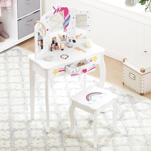 Kids Vanity Set with Unicorn and Rainbow Theme - Includes Mirror & Drawer - Gift for Girls