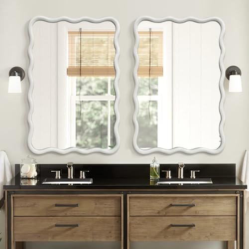 White Wavy Mirror for Wall - 20x30 inch Solid Wood Frame Modern Decor