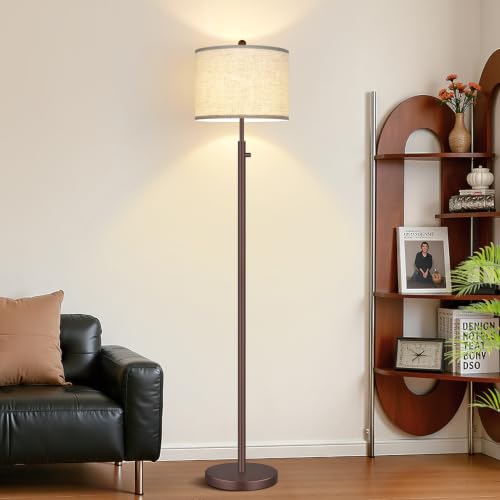 Dimmable Floor Lamp with Linen Shade - Matte Brown Tall Standing Light, 11W LED Bulb Included