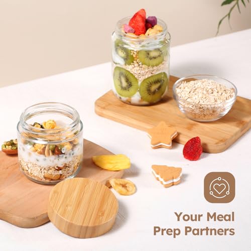 Tecohouse Chia Pudding Jars with lids, 6 Pack 12 OZ Overnight Oats Containers with Bamboo Lids, Mason Glass Cosmetic Jars with Airtight Lids For Salad, Meal Prep, Snacks, Spice, Suger, Yogurt