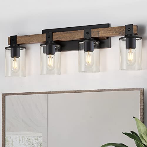 DUJAHMLAND Antique Wood Farmhouse Vanity Light Fixture, 4-Light Wall Sconce for Bathroom/Kitchen