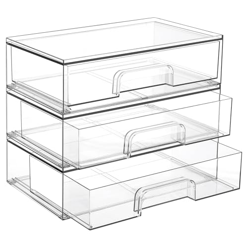 Wide 3-Pack Clear Stackable Acrylic Drawer Organizers for Makeup and Beauty Supplies