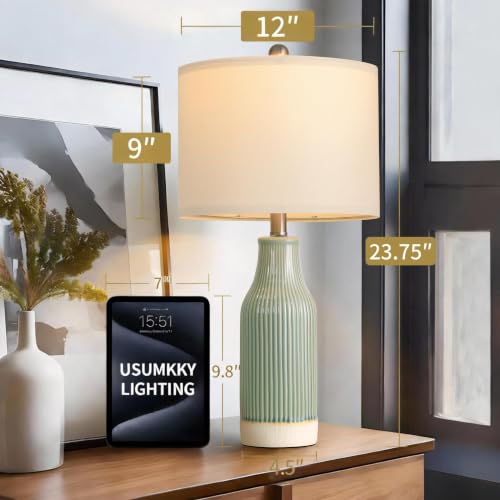 Set of 2 Green Ceramic Table Lamps - Modern 23.75-Inch Bedside Nightstand Lighting