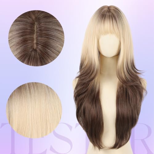 Ombre Blonde Brown Long Wavy Heat-Resistant Wig with Bangs - 26 Inch for Women - Natural Synthetic Layered Style