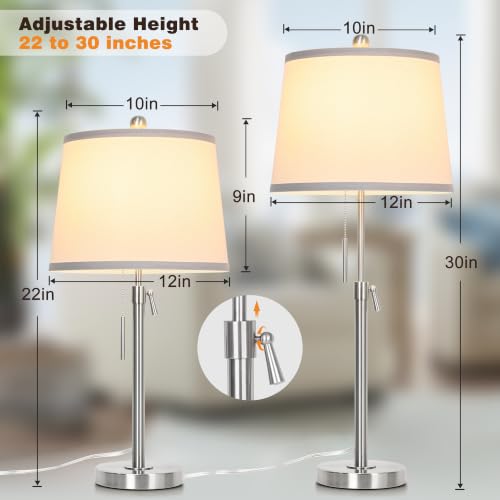 Silver White Shade Set of 2 Modern Adjustable Table Lamps - 22 to 30 Inch Bedside & Living Room Lighting