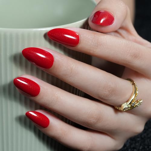 Jofay Fashion Christmas Fiery Red Press on Nails Set, 160Pcs Short Almond Fake Nails with Fine Glitter Glossy Acrylic False Nails Reusable Full Cover Stick on Nails for Women, 32 Sizes Thicker