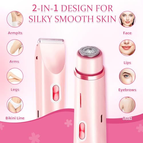 Bikini Trimmer for Women, 2 in 1 Electric Razors for Women, Dermave Bikini Shaver, IPX7 Waterproof & Easy Cleaning, Ceramic Blade, 120 Min Cordless Runtime, Ultra Low Silent(Pink).