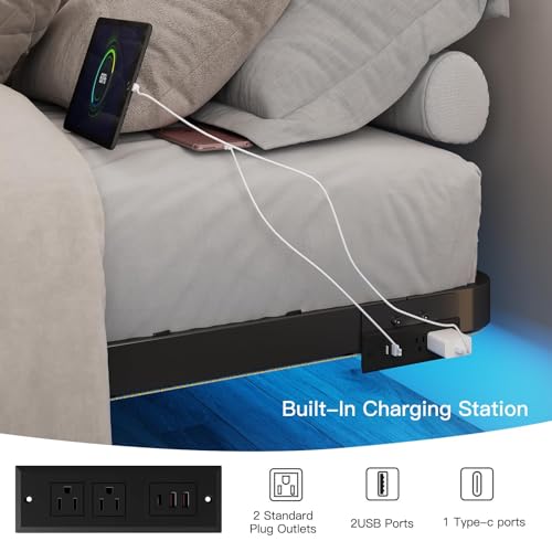 King Size Floating Platform Bed Frame with RGB LED Lights & Charging Station - Modern Metal Bed, Easy Assembly