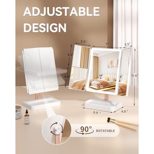 Vanity Mirror with Lights, Makeup Mirror 1X, 2X, 3X Magnification, Trifold 9" L x 14" W, Large Vanity Desk Mirror£¬Valentine¡®s Gift for Wife, Mom, Her - Gift for Girlfriend, Women & Teens