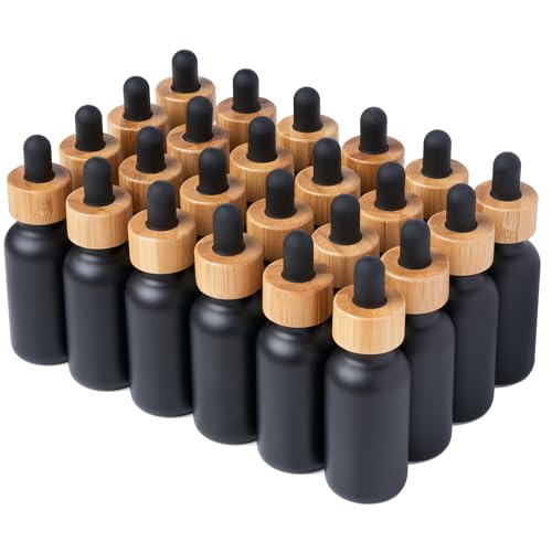 Black Boston Round Dropper Bottles - 1 oz Reusable Glass with Bamboo Cap - 24 Pack