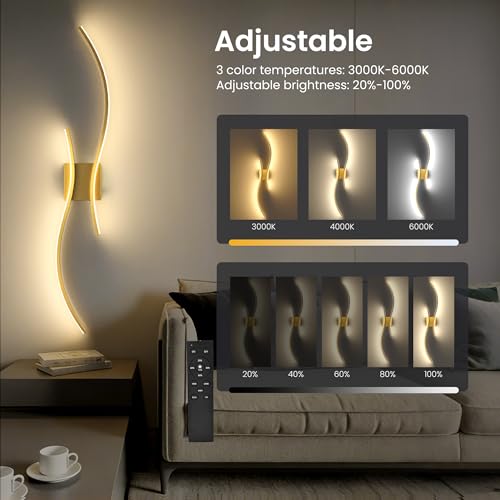 Battery Operated Wall Sconces Set of 2 - Gold, 39.4 Inch, Stepless Dimming