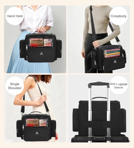 Extra Large Makeup Brush Case with 4 Small Bags - Travel Organizer with Adjustable Dividers & Shoulder Strap - Black