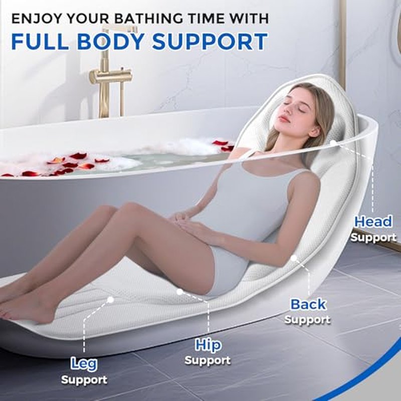 52" x 16" Full Body Bath Pillow for Bathtub, Luxury Bathtub Cushion with 192 Suction Cups and Soft 5D Mesh Fabric, Bath Tub Pillows for Head and Neck, Relaxing Tub Accessories for Women