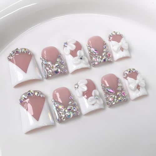 Handmade Press on Nails Rhinestone French Tip Fake Nails Muti-Layer Gel Short Duck False Nail with Luxury 3D White Flower Bow Design Full Cover Thicked Acrylic Nail Stick on Nail for Women (S)