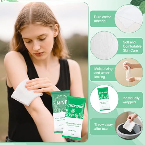 Moist Towelettes, Disposable Pre Moistened Towels Individually Wrapped, Soft Portable Face & Body Wet Towels for Travel Hotel Sport Camping Spa 9.8 inch (Pack of 100, Mint & Eucalyptus Leaf)