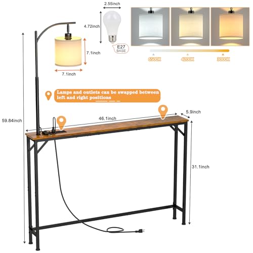 Keomaisyto Skinny Sofa Table with Outlet & 3-Color Light, Brown, 46.1 Inch - Fixed Height, Swivel Light