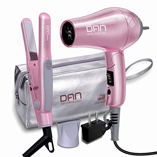 Travel Hair Dryer and Flat Iron Set with Compact Case - Dual Voltage Mini Styling Tools