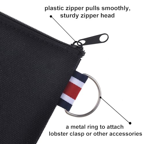 Muka 6 Pack 12oz Black Cotton Canvas Bags, 6 x 4 Inches Cosmetic Bags with Key Ring