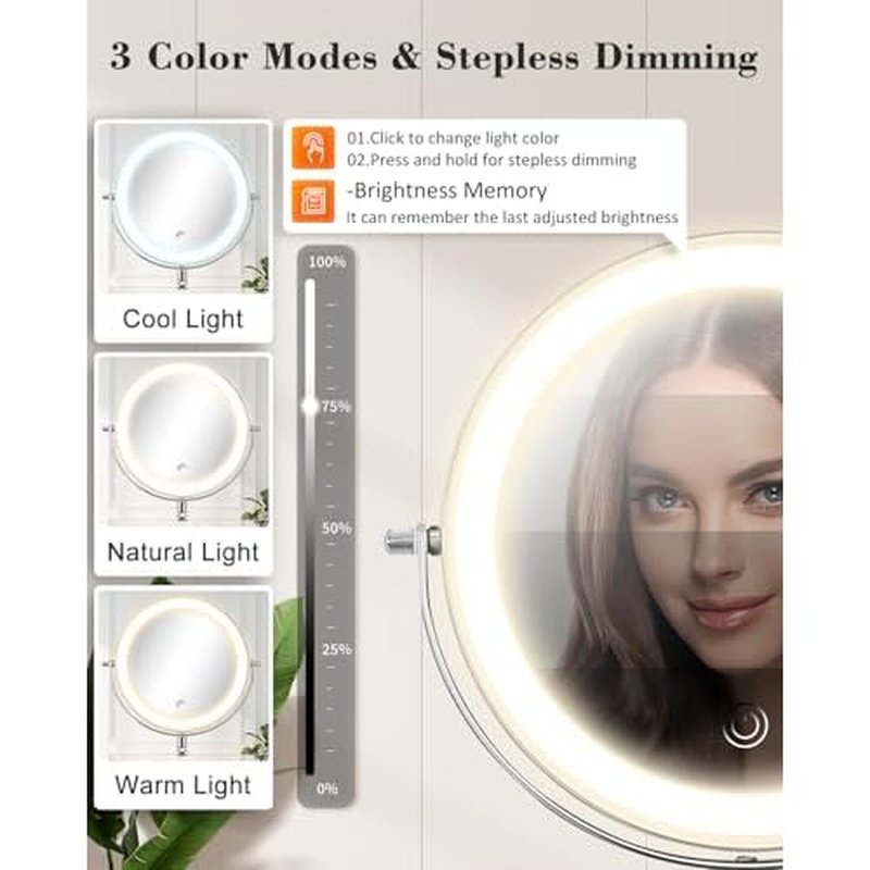 9" Wall Mounted Makeup Mirror with Light, 20X/1X Height Adjustable Double Sided Magnifying Bathroom Lighted Mirror, 3 Color Touch Dimmable Extended Arm 360 Rotation Light up Magnification Mirrors