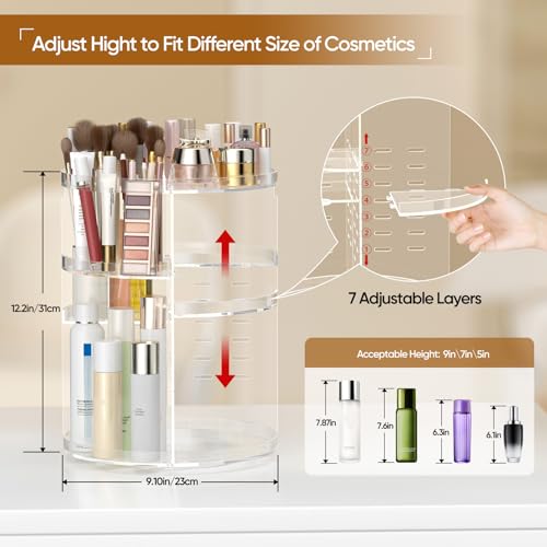 Awenia Small Acrylic Clear 360° Rotating Makeup Organizer - 7 Layers, Adjustable Storage for Cosmetics & Accessories