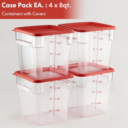 8 Qt Food Storage Containers Set - 4 Pack Square Polycarbonate with Red Lids