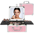 Relavel Makeup Bag with LED Mirror, Cute Makeup Box Travel Train Case with Rechargeable Lighted Mirror, Cosmetic Brush Organizer Storage for Makeup Artists Gifts for Women and Girls, Pink