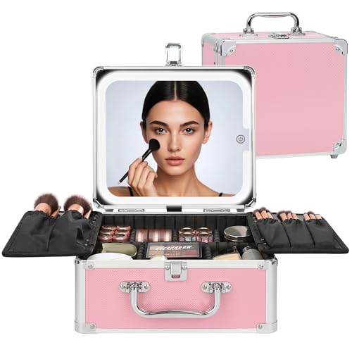 Relavel Makeup Bag with LED Mirror, Cute Makeup Box Travel Train Case with Rechargeable Lighted Mirror, Cosmetic Brush Organizer Storage for Makeup Artists Gifts for Women and Girls, Pink