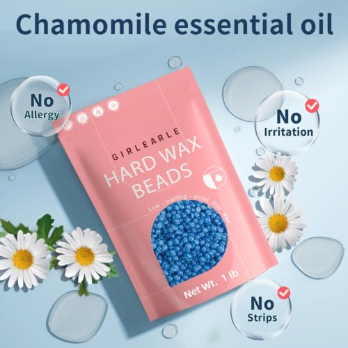 GIRLEARLE Blue Hard Wax Beads for Sensitive Skin, 1lb Wax Refill for Hair Removal, Bikini, Legs, Facial, Full Body, Chamomile Formula