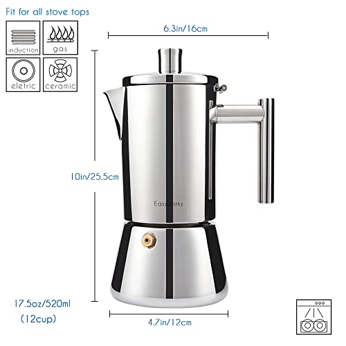 Stainless Steel 12-Cup Stovetop Espresso Maker - Silver 17.5 oz Induction Moka Pot