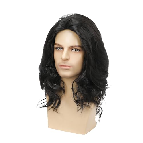 Men's Black Long Curly Synthetic Wig for Costume & Party