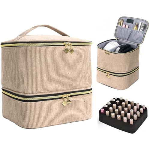 Nail Polish Organizer Bag Nail Kit Organizer Holds 30 Bottles and 1 Nail Lamp Double-layer Nail Polish Carrying Case Nail Art Tote Bag Khaki