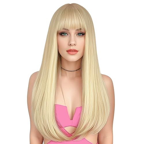 Blonde Wig with Bangs - Long Straight Synthetic Hair 22 Inch for Women & Girls - Daily, Party, Cosplay