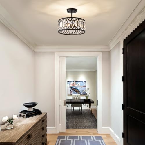 Crystal Black Ceiling Light - 12 Inch 3-Light Semi Flush Fixture - Modern Home Lighting