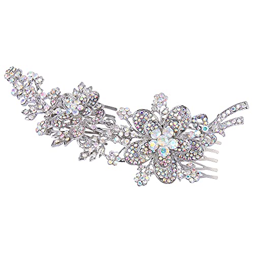Iridescent Clear AB Flower Leaf Bowknot Hair Comb - Silver-Tone, 6 Inch