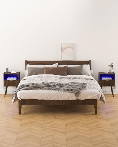 Walnut Brown Nightstand with Charging Station LED Lights Storage Drawer Open Shelf Modern Bedside Table